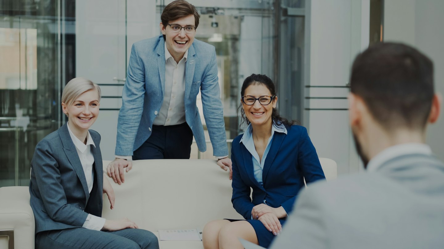 Business professionals collaborating in a modern office.